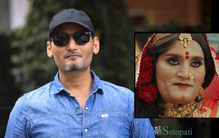 अभिनेता विपीन कार्की र फिल्म 'एक भगवत् गीता' को उनको स्वरूप। तस्बिरः निशा भण्डारी/सेतोपाटी